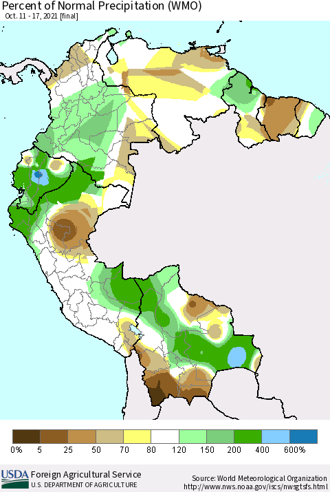 Northern South America Percent of Normal Precipitation (WMO) Thematic Map For 10/11/2021 - 10/17/2021
