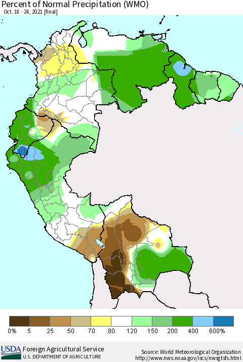 Northern South America Percent of Normal Precipitation (WMO) Thematic Map For 10/18/2021 - 10/24/2021