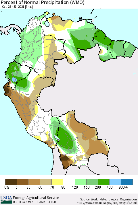 Northern South America Percent of Normal Precipitation (WMO) Thematic Map For 10/25/2021 - 10/31/2021