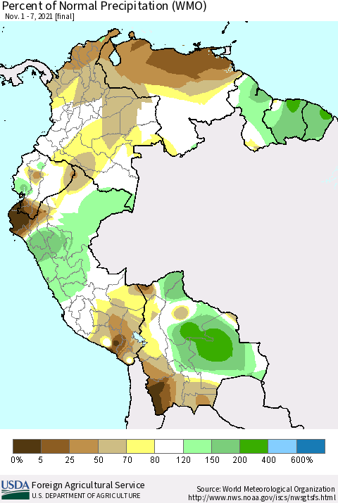 Northern South America Percent of Normal Precipitation (WMO) Thematic Map For 11/1/2021 - 11/7/2021