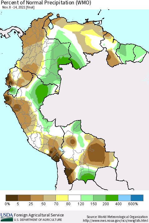 Northern South America Percent of Normal Precipitation (WMO) Thematic Map For 11/8/2021 - 11/14/2021