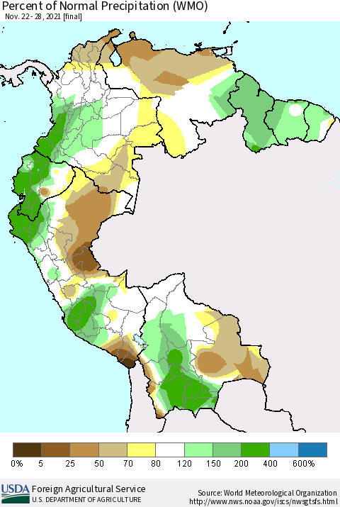 Northern South America Percent of Normal Precipitation (WMO) Thematic Map For 11/22/2021 - 11/28/2021
