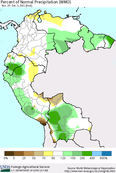 Northern South America Percent of Normal Precipitation (WMO) Thematic Map For 11/29/2021 - 12/5/2021