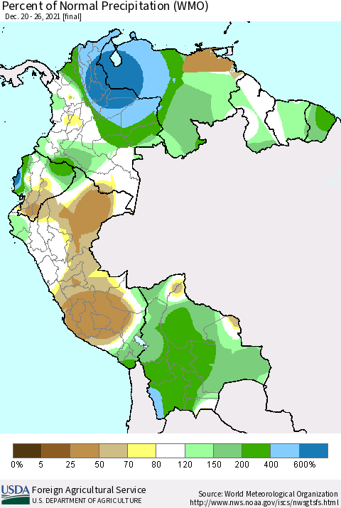 Northern South America Percent of Normal Precipitation (WMO) Thematic Map For 12/20/2021 - 12/26/2021