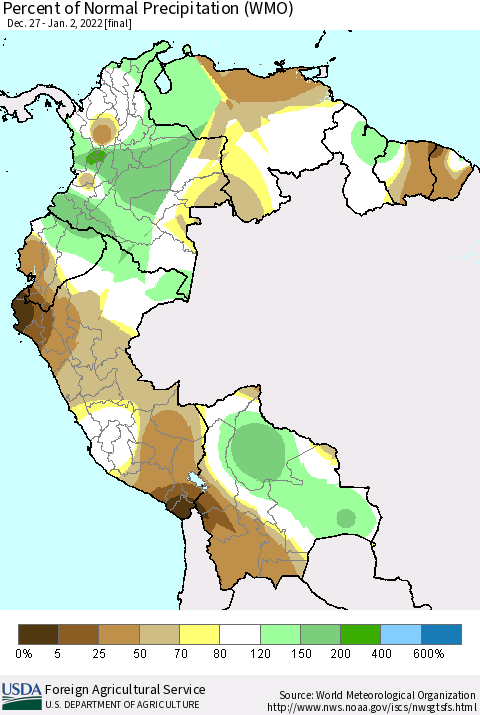 Northern South America Percent of Normal Precipitation (WMO) Thematic Map For 12/27/2021 - 1/2/2022