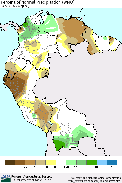 Northern South America Percent of Normal Precipitation (WMO) Thematic Map For 1/10/2022 - 1/16/2022