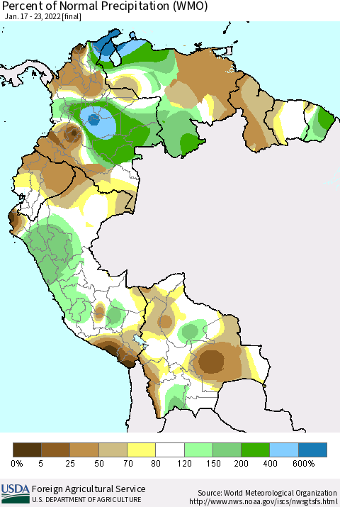 Northern South America Percent of Normal Precipitation (WMO) Thematic Map For 1/17/2022 - 1/23/2022