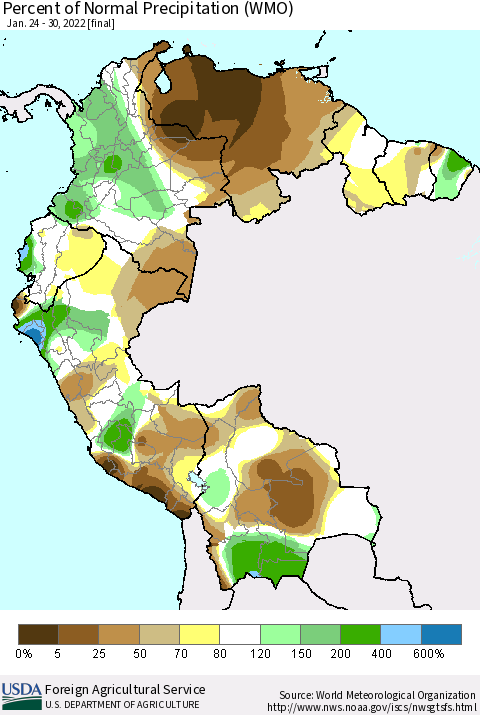 Northern South America Percent of Normal Precipitation (WMO) Thematic Map For 1/24/2022 - 1/30/2022