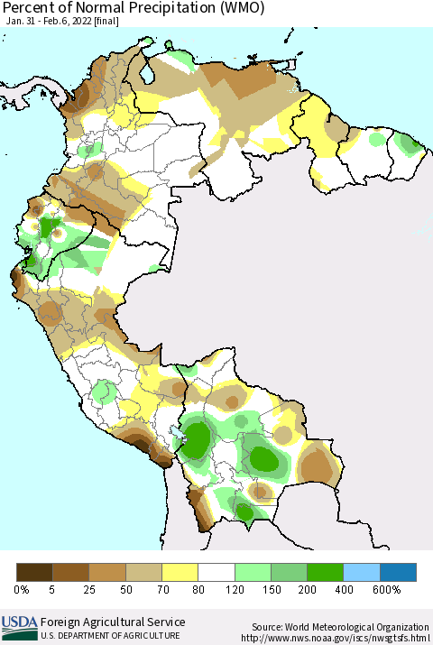 Northern South America Percent of Normal Precipitation (WMO) Thematic Map For 1/31/2022 - 2/6/2022