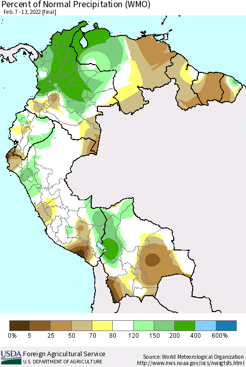Northern South America Percent of Normal Precipitation (WMO) Thematic Map For 2/7/2022 - 2/13/2022