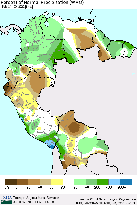 Northern South America Percent of Normal Precipitation (WMO) Thematic Map For 2/14/2022 - 2/20/2022