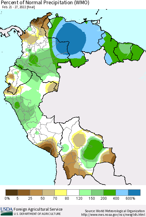 Northern South America Percent of Normal Precipitation (WMO) Thematic Map For 2/21/2022 - 2/27/2022