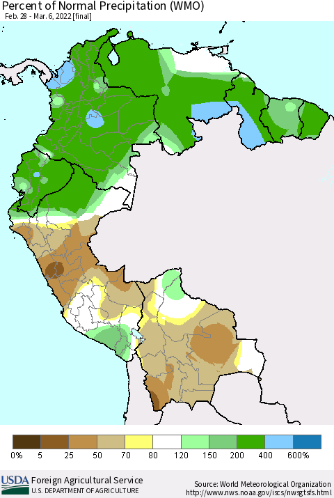 Northern South America Percent of Normal Precipitation (WMO) Thematic Map For 2/28/2022 - 3/6/2022