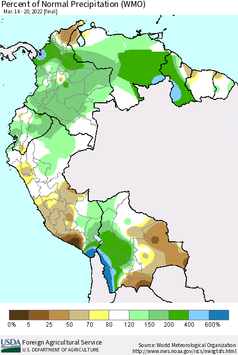 Northern South America Percent of Normal Precipitation (WMO) Thematic Map For 3/14/2022 - 3/20/2022