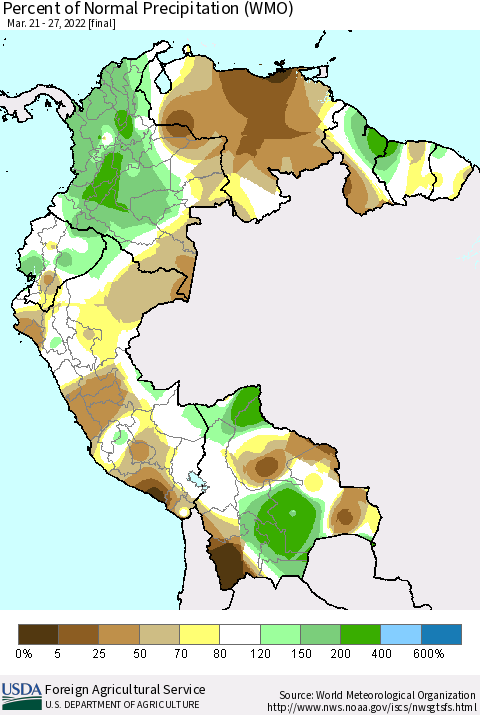 Northern South America Percent of Normal Precipitation (WMO) Thematic Map For 3/21/2022 - 3/27/2022