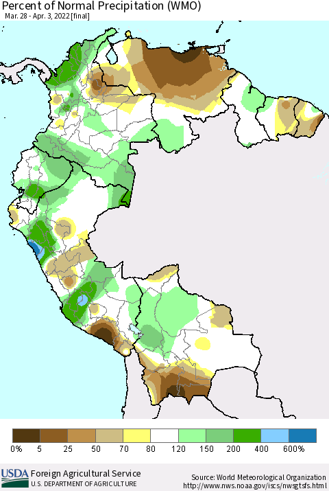 Northern South America Percent of Normal Precipitation (WMO) Thematic Map For 3/28/2022 - 4/3/2022