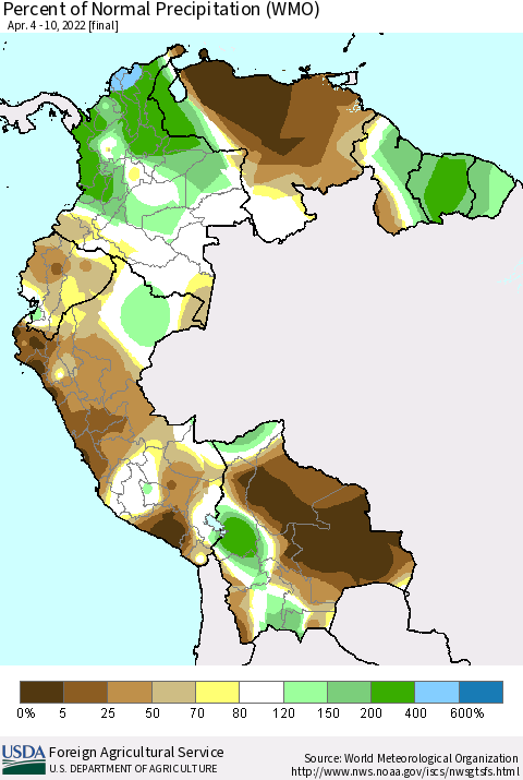Northern South America Percent of Normal Precipitation (WMO) Thematic Map For 4/4/2022 - 4/10/2022