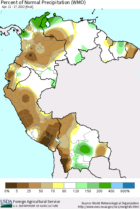 Northern South America Percent of Normal Precipitation (WMO) Thematic Map For 4/11/2022 - 4/17/2022