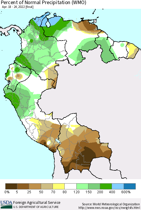 Northern South America Percent of Normal Precipitation (WMO) Thematic Map For 4/18/2022 - 4/24/2022