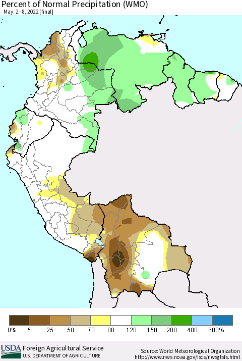 Northern South America Percent of Normal Precipitation (WMO) Thematic Map For 5/2/2022 - 5/8/2022