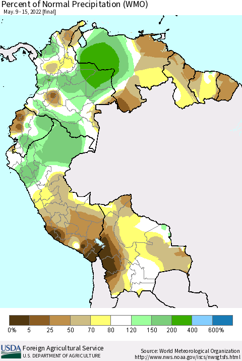 Northern South America Percent of Normal Precipitation (WMO) Thematic Map For 5/9/2022 - 5/15/2022