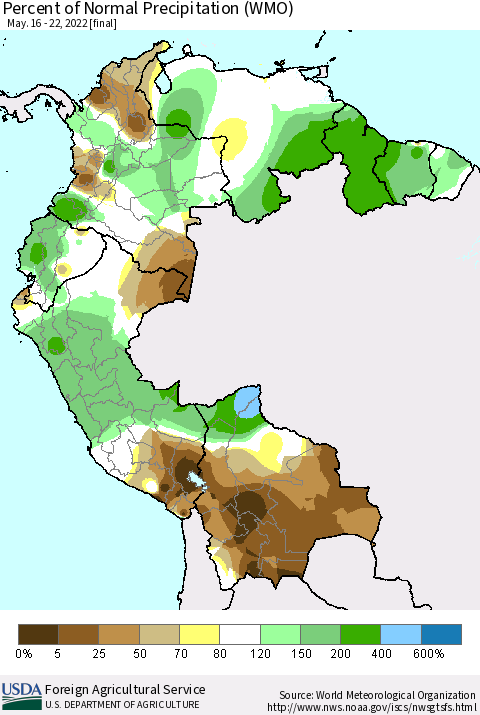 Northern South America Percent of Normal Precipitation (WMO) Thematic Map For 5/16/2022 - 5/22/2022