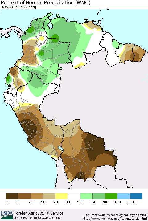 Northern South America Percent of Normal Precipitation (WMO) Thematic Map For 5/23/2022 - 5/29/2022