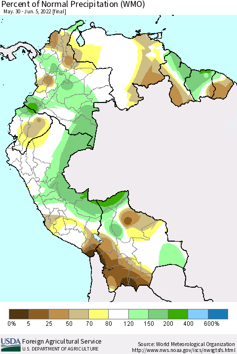 Northern South America Percent of Normal Precipitation (WMO) Thematic Map For 5/30/2022 - 6/5/2022