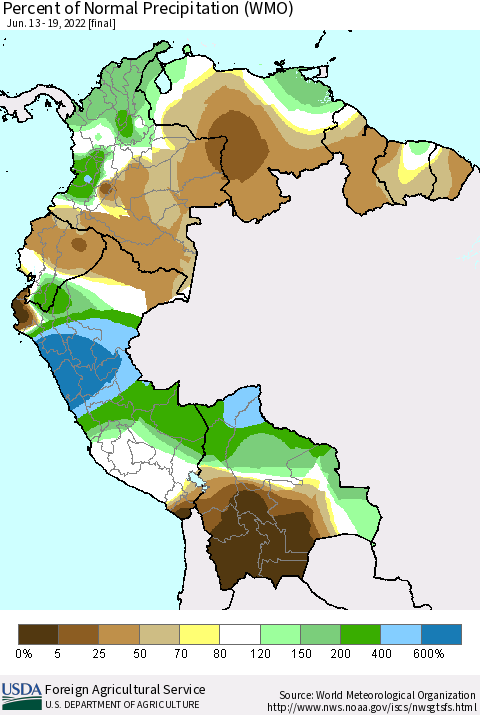 Northern South America Percent of Normal Precipitation (WMO) Thematic Map For 6/13/2022 - 6/19/2022