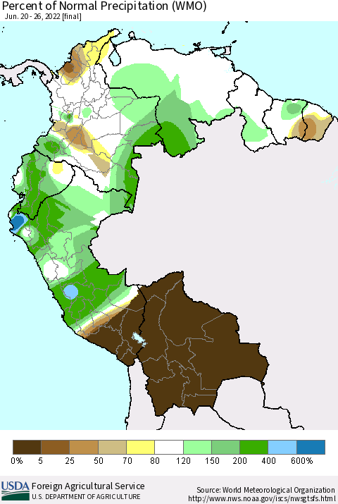 Northern South America Percent of Normal Precipitation (WMO) Thematic Map For 6/20/2022 - 6/26/2022