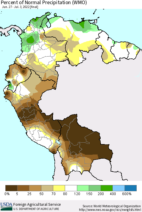 Northern South America Percent of Normal Precipitation (WMO) Thematic Map For 6/27/2022 - 7/3/2022