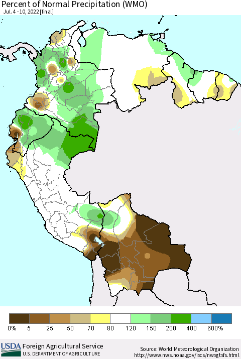 Northern South America Percent of Normal Precipitation (WMO) Thematic Map For 7/4/2022 - 7/10/2022