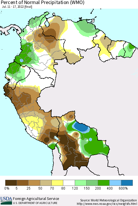 Northern South America Percent of Normal Precipitation (WMO) Thematic Map For 7/11/2022 - 7/17/2022