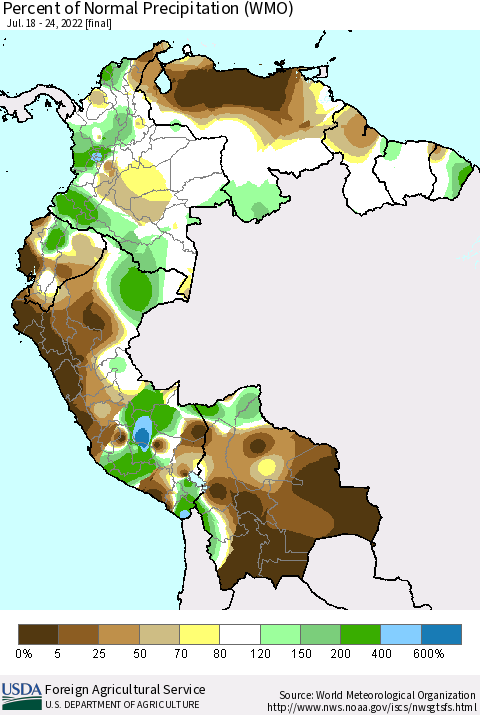 Northern South America Percent of Normal Precipitation (WMO) Thematic Map For 7/18/2022 - 7/24/2022