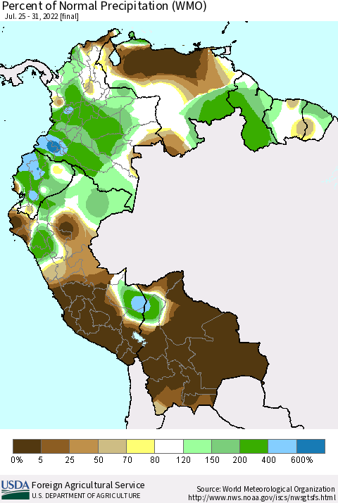 Northern South America Percent of Normal Precipitation (WMO) Thematic Map For 7/25/2022 - 7/31/2022