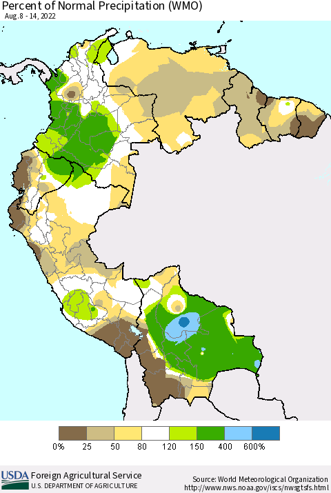Northern South America Percent of Normal Precipitation (WMO) Thematic Map For 8/8/2022 - 8/14/2022
