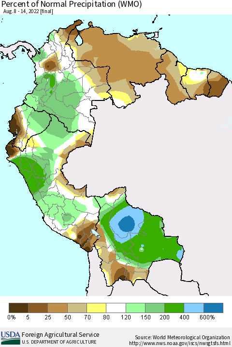 Northern South America Percent of Normal Precipitation (WMO) Thematic Map For 8/8/2022 - 8/14/2022