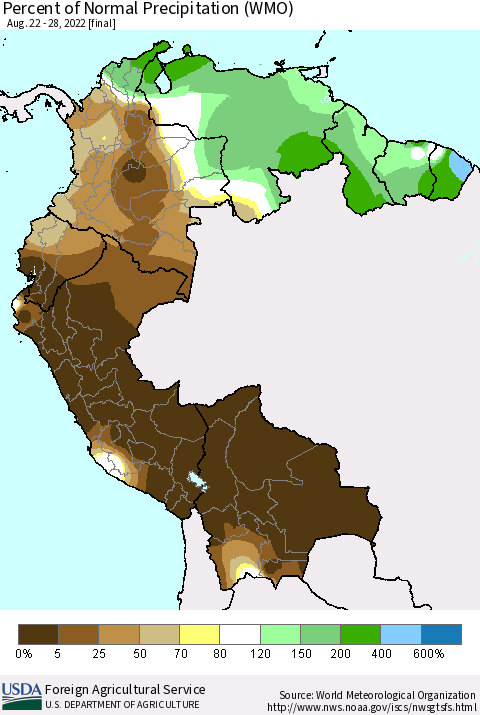 Northern South America Percent of Normal Precipitation (WMO) Thematic Map For 8/22/2022 - 8/28/2022