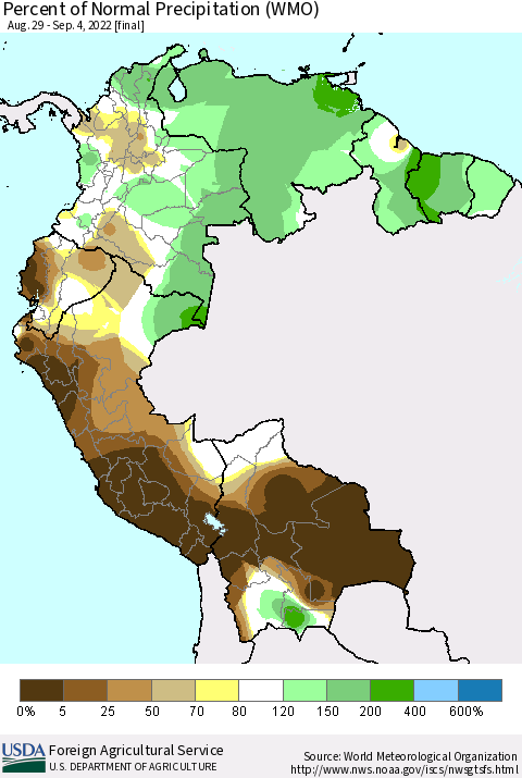 Northern South America Percent of Normal Precipitation (WMO) Thematic Map For 8/29/2022 - 9/4/2022
