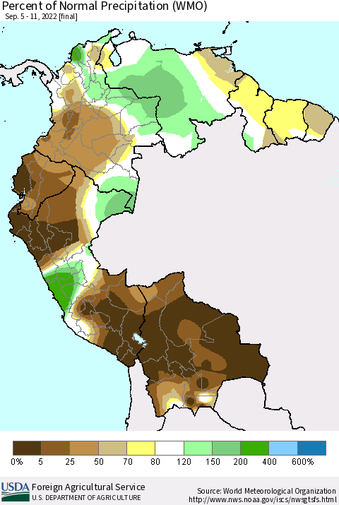 Northern South America Percent of Normal Precipitation (WMO) Thematic Map For 9/5/2022 - 9/11/2022