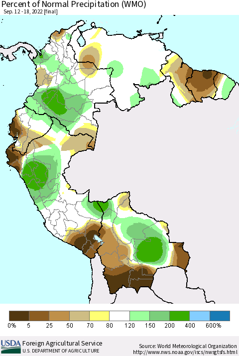 Northern South America Percent of Normal Precipitation (WMO) Thematic Map For 9/12/2022 - 9/18/2022