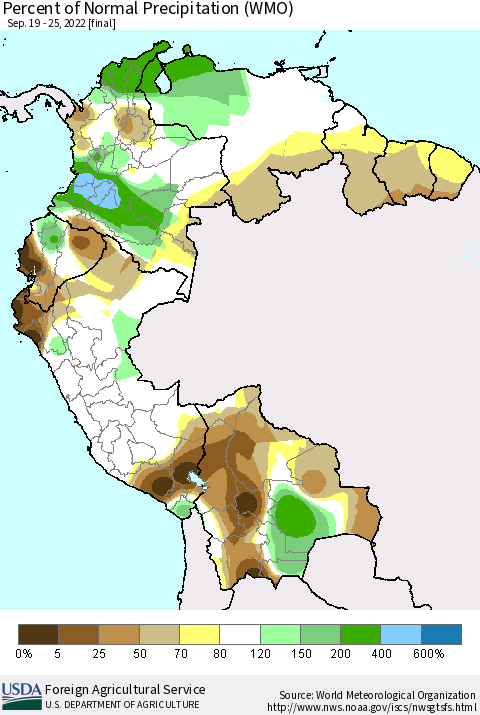 Northern South America Percent of Normal Precipitation (WMO) Thematic Map For 9/19/2022 - 9/25/2022