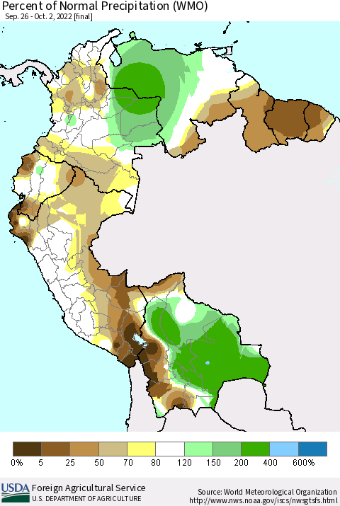 Northern South America Percent of Normal Precipitation (WMO) Thematic Map For 9/26/2022 - 10/2/2022