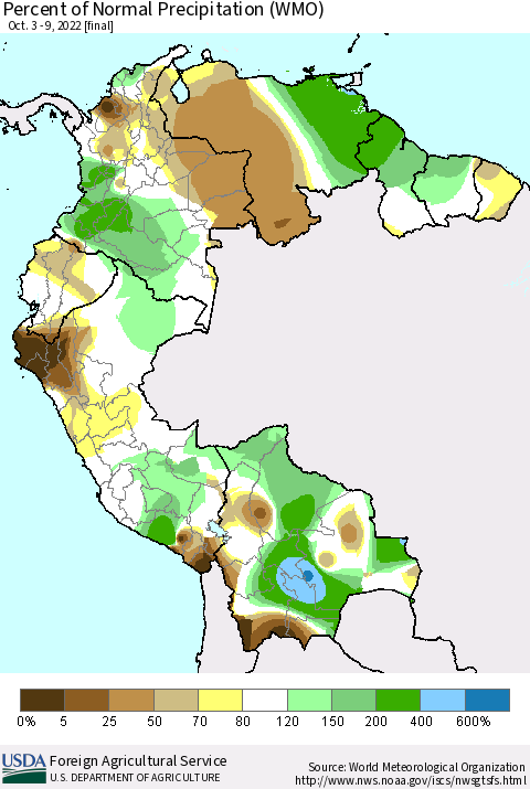 Northern South America Percent of Normal Precipitation (WMO) Thematic Map For 10/3/2022 - 10/9/2022