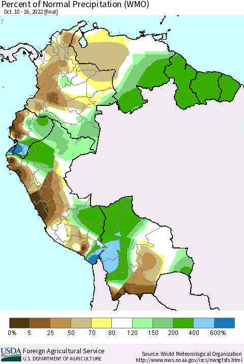Northern South America Percent of Normal Precipitation (WMO) Thematic Map For 10/10/2022 - 10/16/2022