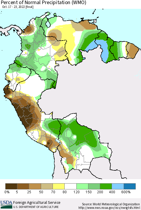 Northern South America Percent of Normal Precipitation (WMO) Thematic Map For 10/17/2022 - 10/23/2022