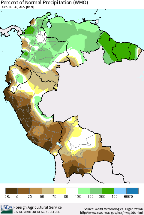 Northern South America Percent of Normal Precipitation (WMO) Thematic Map For 10/24/2022 - 10/30/2022