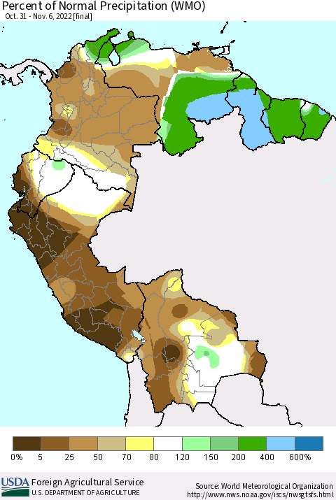 Northern South America Percent of Normal Precipitation (WMO) Thematic Map For 10/31/2022 - 11/6/2022