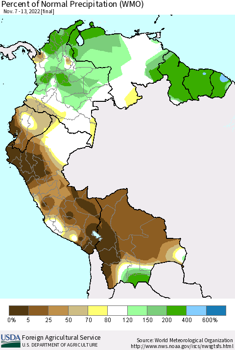 Northern South America Percent of Normal Precipitation (WMO) Thematic Map For 11/7/2022 - 11/13/2022