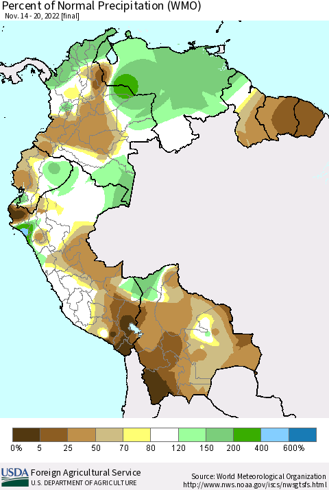 Northern South America Percent of Normal Precipitation (WMO) Thematic Map For 11/14/2022 - 11/20/2022